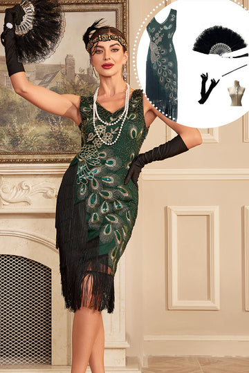 Sparkly Dark Green Fringed Beaded 1920s Dress with Accessories Set